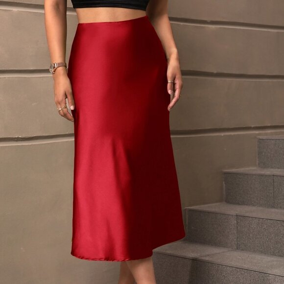 Red Preppy Womens High Waist Satin Skirt - Picture 5 of 5